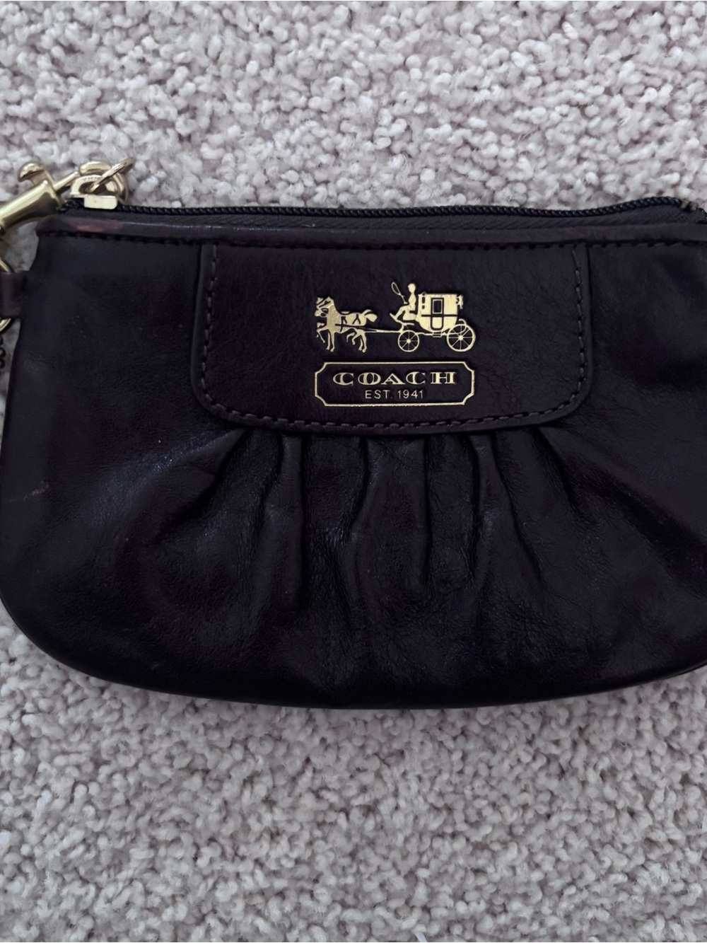 Coach Chocolate Brown Leather Pleated Wristlet with Gold Coach Carriage Logo